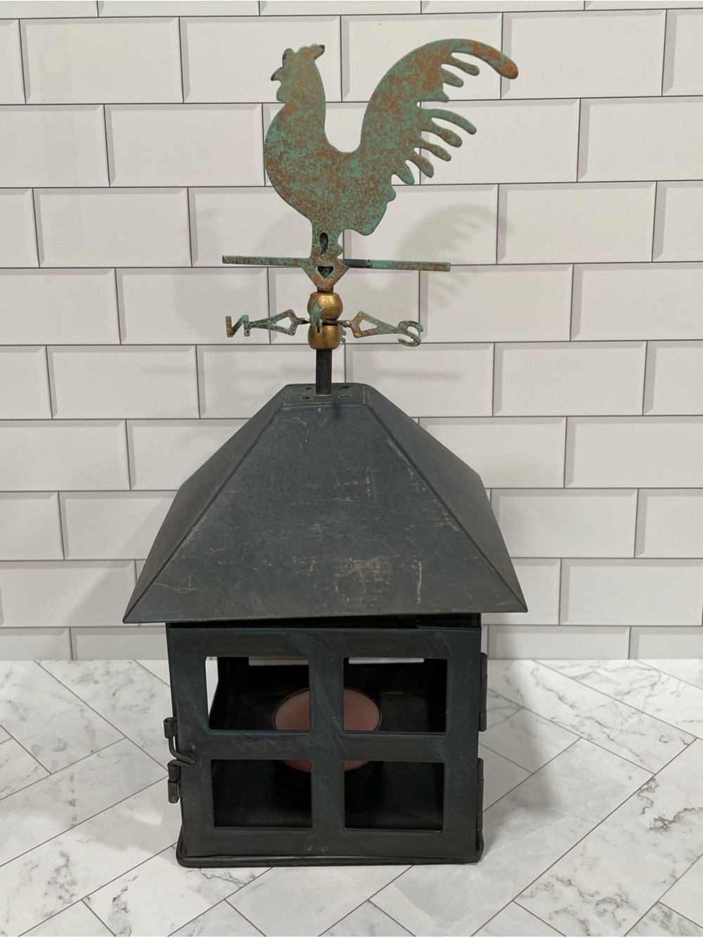 Rustic Black Metal Lantern with Verdigris Rooster Weathervane Accent